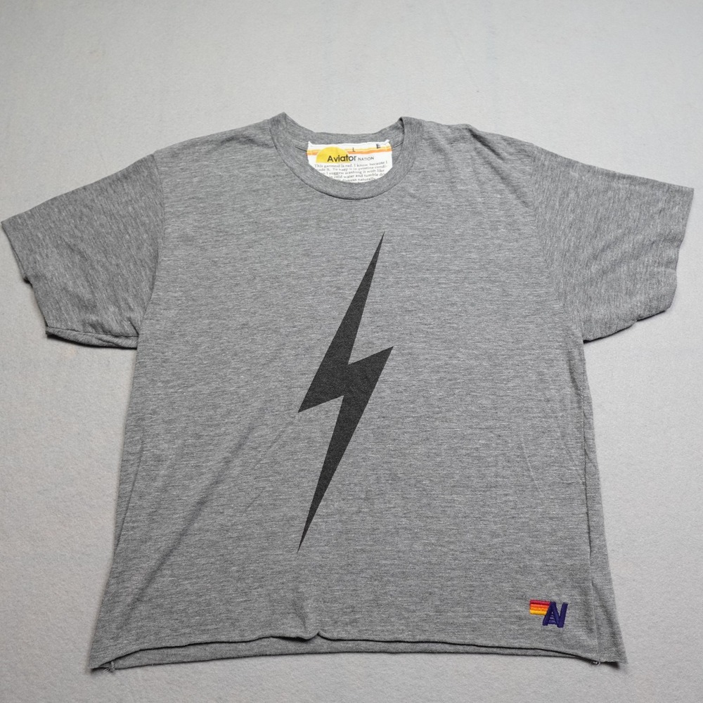 Aviator Nation Shirt Mens L Gray Lightning Bolt Graphic Embroidered Made In USA